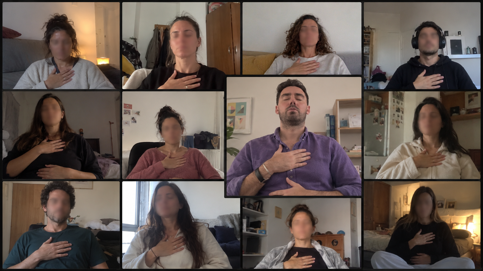 Imagen de una práctica somática grupal online guiada por Isaac Díaz con varias personas en videollamada
