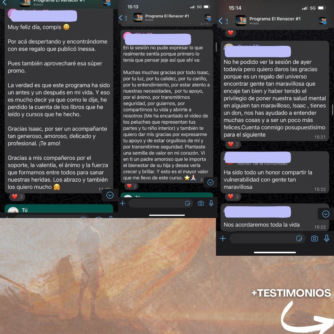Captura de agradecimientos de personas que han pasado por terapias, cursos y programas